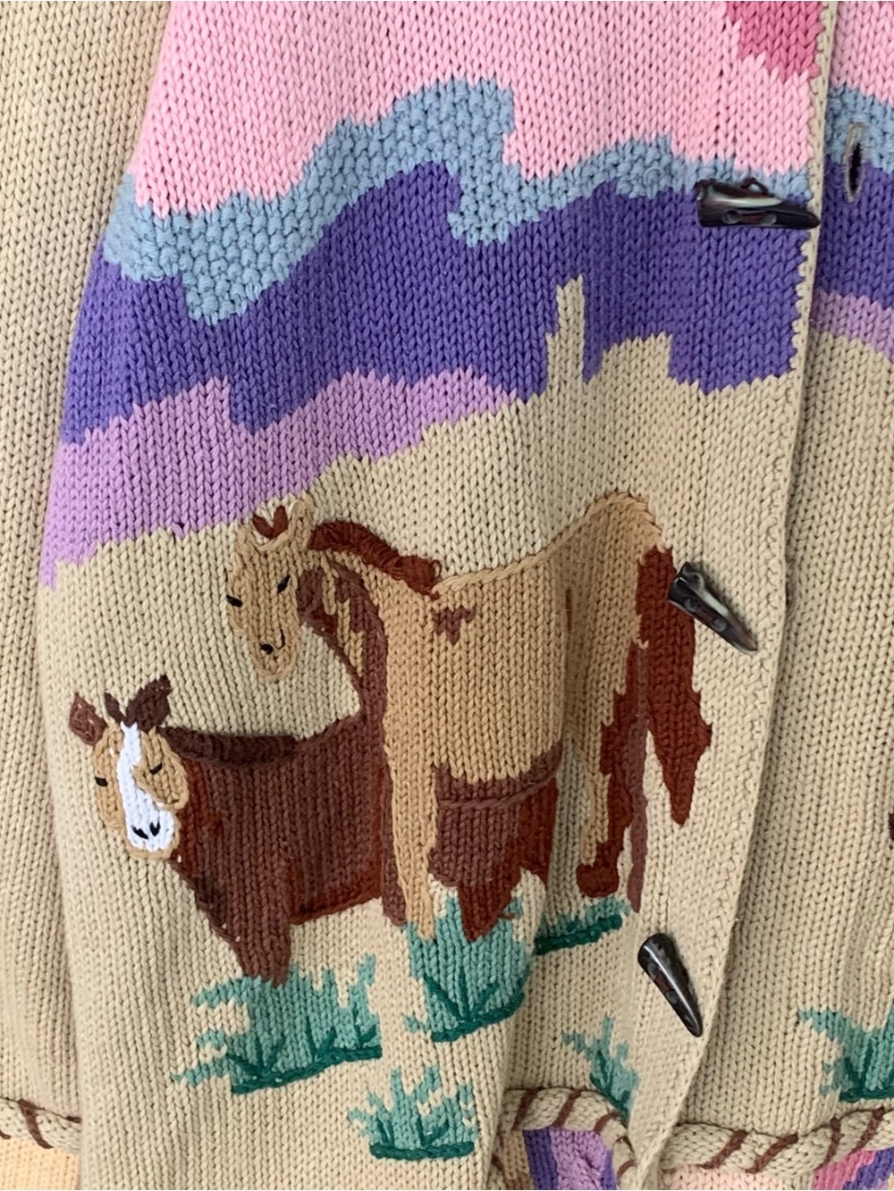 Handknit Storybook Knits Sunrise Scene Southwestern Horse Cardigan Sweater Large - Picture 3 of 11
